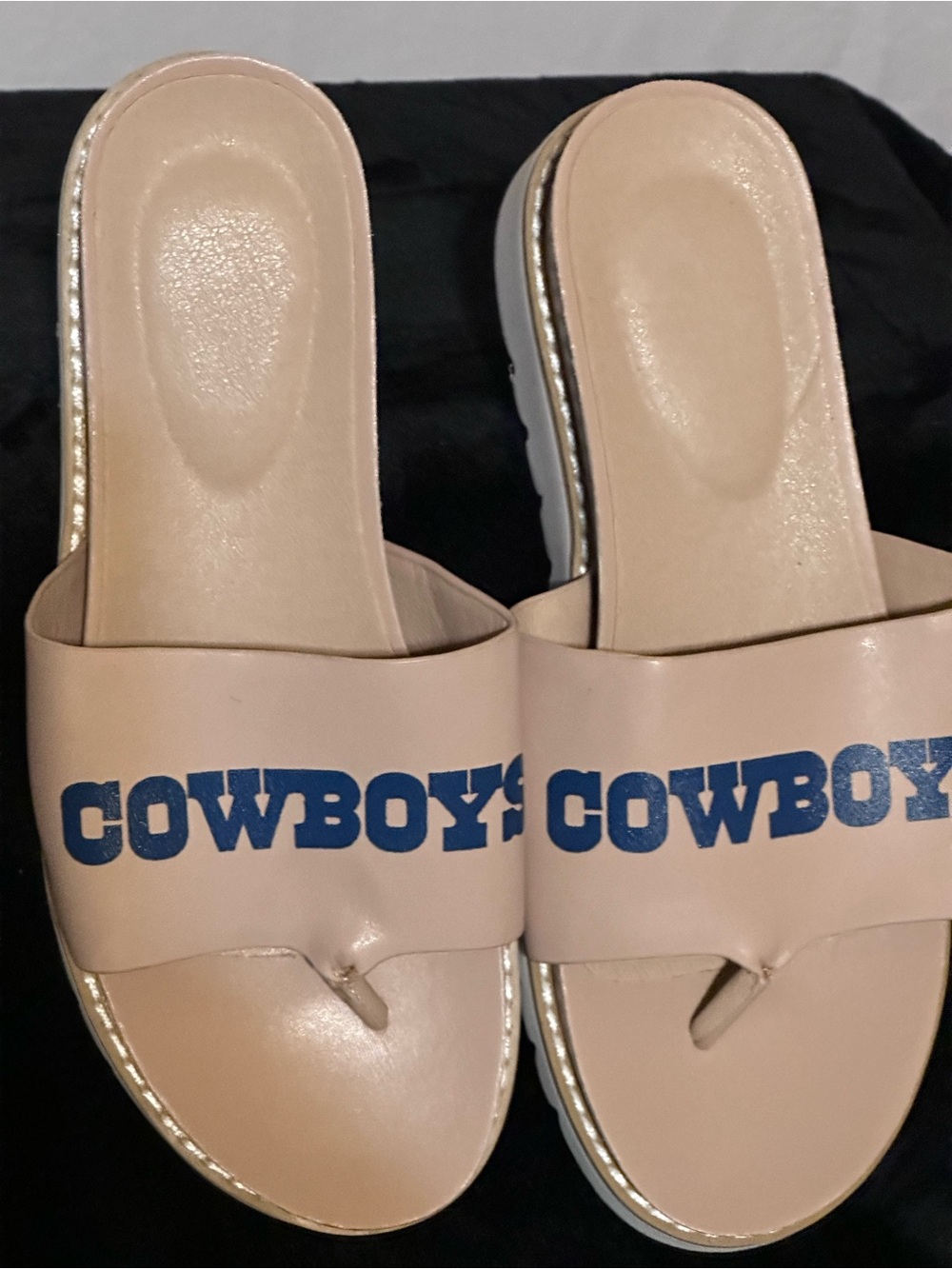 Nude Slide Sandals with Bold Navy 'COWBOYS' Print